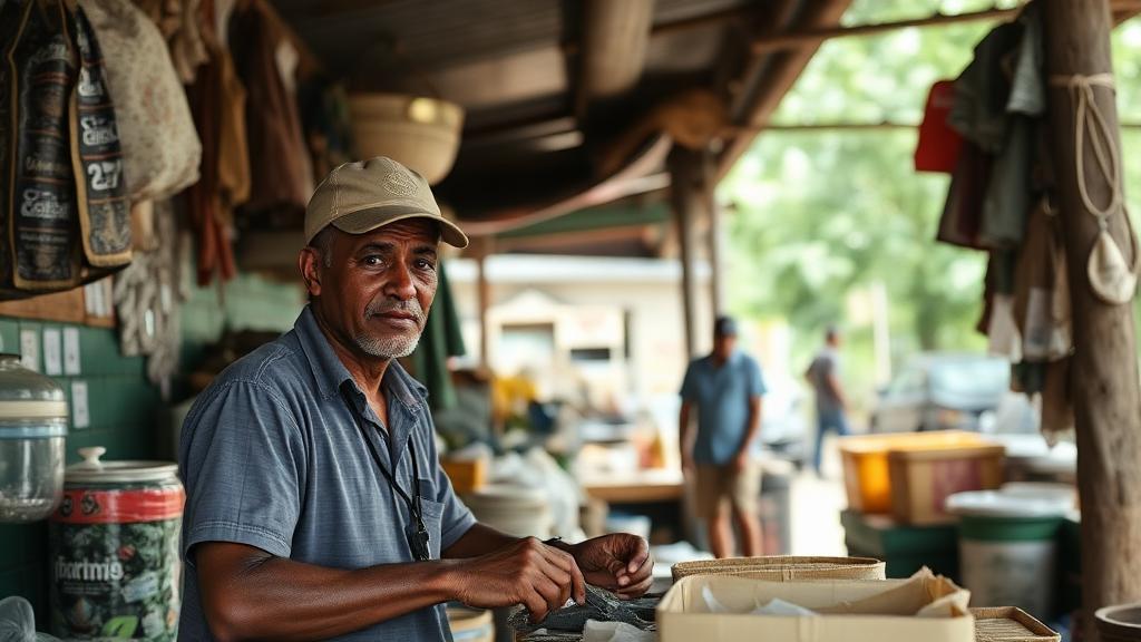 Comerciante local em atividade representando o projeto de desenvolvimento econômico